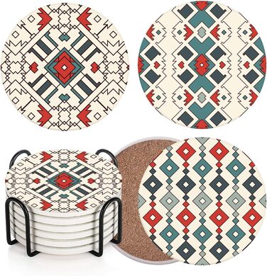 Drink Coasters 6-Piece Set, Geometric Tribal Boho Blue Red Absorbent Round Ceramic Stone Mat with Cork Bottom and Metal Holder, Housewarming Gift for Bar Decor