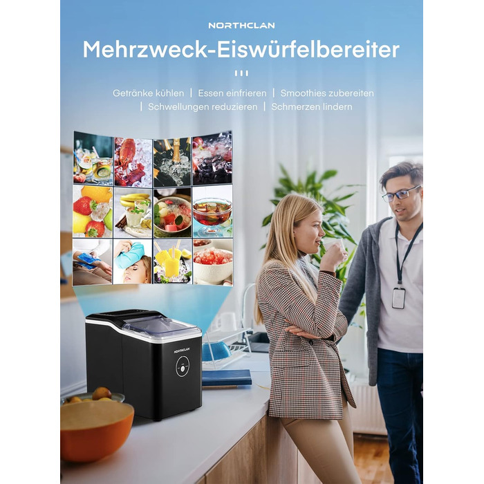 NORTHCLAN Ice Maker - 14kg Daily Production, 6-Minute Cycle, Quiet Operation, 2L Water Tank, 1.5kg Storage, Infrared Sensor, Black
