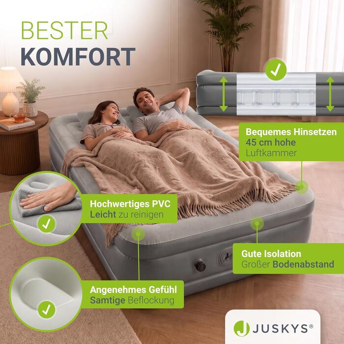 Самонадувний двопомісний матрац Juskys® Sapri L, 197x154x45 см, антрацитово-сірий