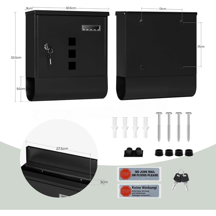 Поштовий ящик WOLTU з газетницею, оглядовим вікном та табличкою для імені, настінний, замиканий (2 ключі), сучасний дизайн, чорний (30,5x33,5x9 см)