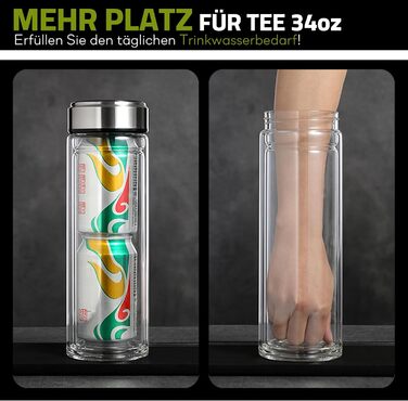 Double-walled glass tea bottle, 1 liter, with 2-in-1 stainless steel strainer for on-the-go use. 1000ml large volume, tea bottle 100% leak-proof, 1 l
