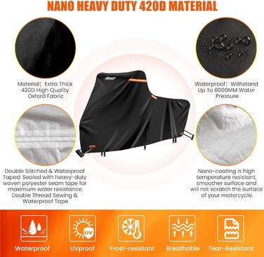 Чохол для мотоцикла Harley Davidson Touring, 3XL, 420D, захист від УФ, дощу та пилу, преміум-якість, чорний-помаранчевий