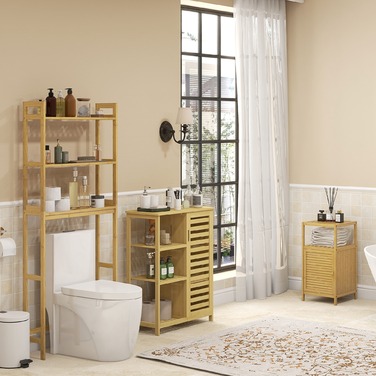 kleankin 3-Tier Toilet Bowl Shelf Bathroom Storage Rack with Tip-Over Protection Bamboo, Natural, Space-Saving Storage Shelf for Bathroom