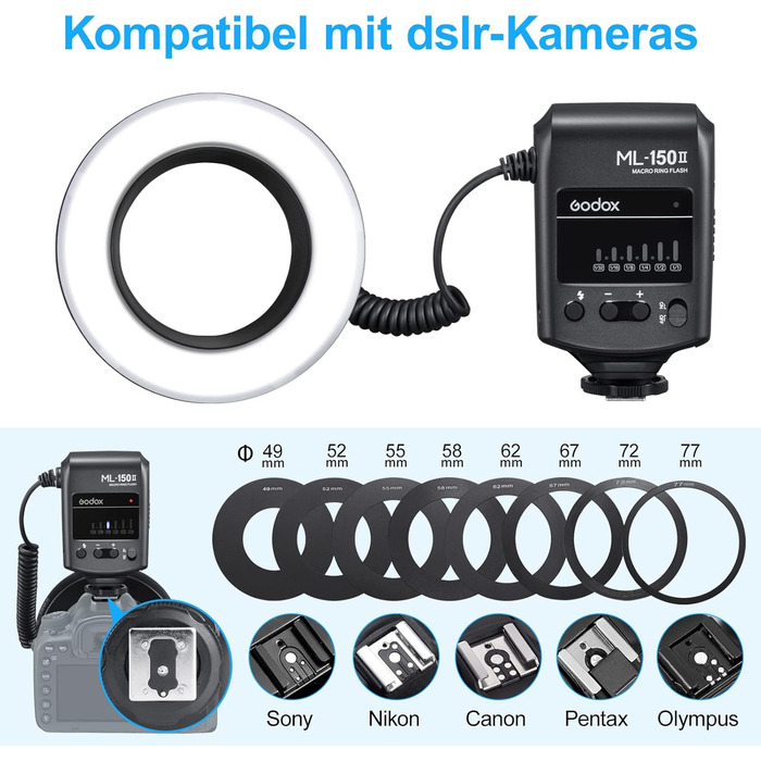 Godox ML150II: Компактний LED кільцевий світлодіодний світильник з регулюванням потужності для фото та відеозйомки