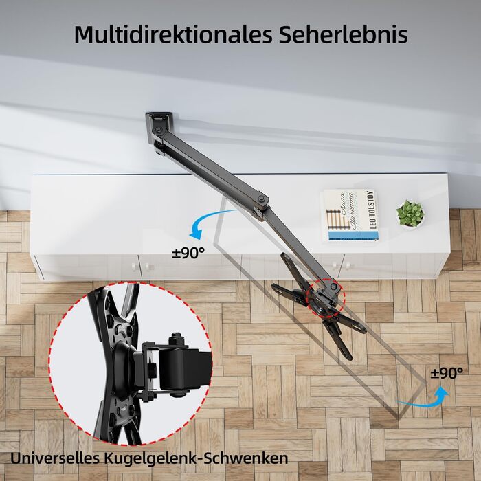 Кріплення для телевізора HOME VISION HV3202 з подовженим підлокотником, 17-42 дюйми, VESA 200x200, до 15 кг, 360° обертання, 180° нахил, висувний на 55,6 см, для плоских та вигнутих екранів