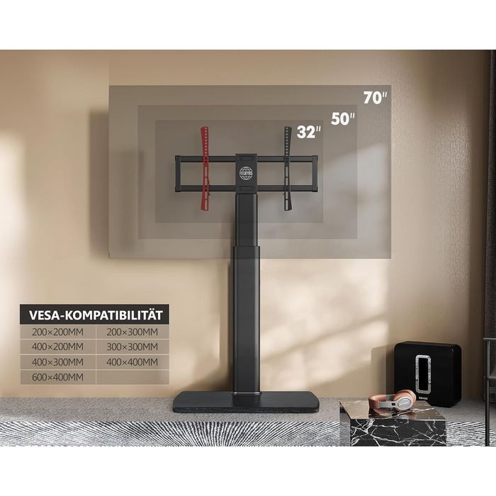 FITUEYES Adjustable Swivel TV Stand with Wood Base - Fits 32-70 inch TVs up to 40kg, VESA 400x600 - Black