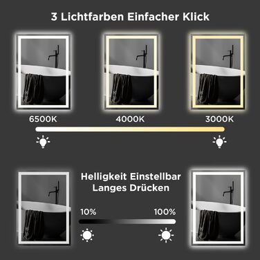 Дзеркало для ванної кімнати з підсвічуванням 50x70 см, сенсорне керування, протитуманне покриття, 3 кольори світла, регулювання яскравості, пам'ять налаштувань, матове, прямокутне