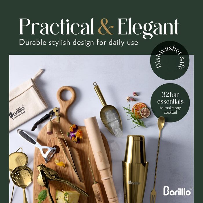 Набір барного інвентарю Barillio Pro Edition – 32 елементи: шейкер, міксер, мадлер, аксесуари для дому
