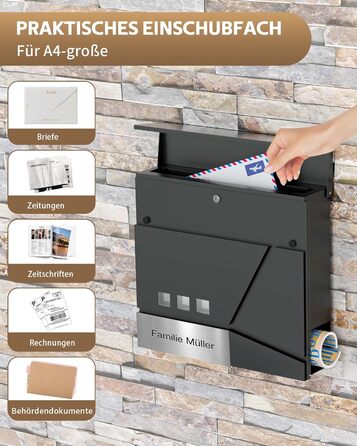 Поштовий ящик Anthrazit з нержавіючої сталі з відділенням для газет (37x37x10 см), персоналізований з табличкою для імені, стійкий до погодних умов, наклейки проти небажаної реклами, настінний поштовий ящик