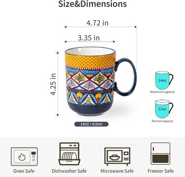 HENXFEN Ceramic Coffee Mugs, 410ml Coffee Cups Set with Handle, Porcelain Mugs for Tea Coffee Milk Cappuccino, Colorful, 6-Pack - Bohemian Style