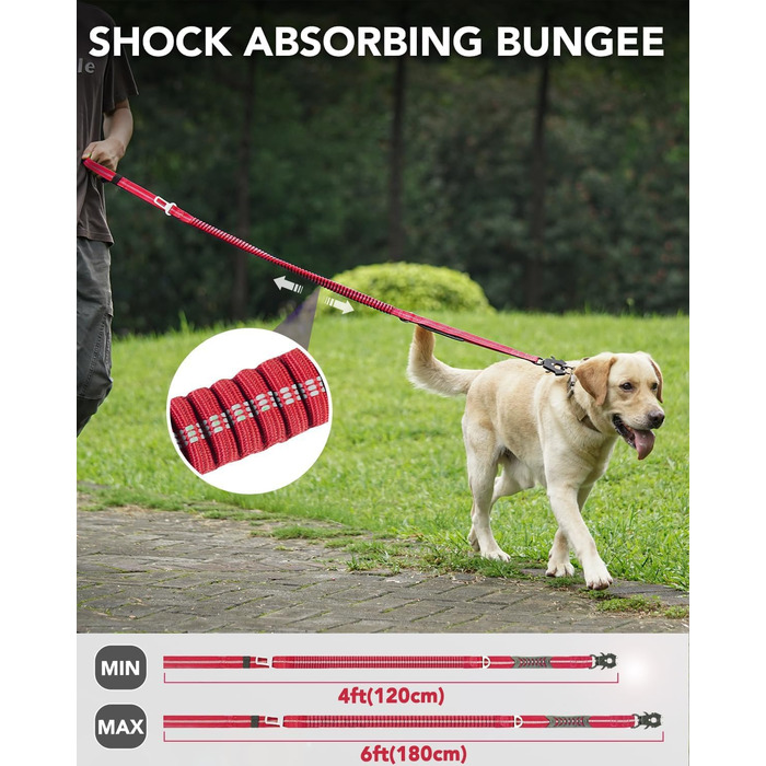 Тактична повідок для собак Joytale, еластична повідок з двома зручними ручками, страхувальний ремінь для автомобіля, повідок без ривка для собак середніх, великих та екстра-великих порід (1.2м-1.8м, червона)