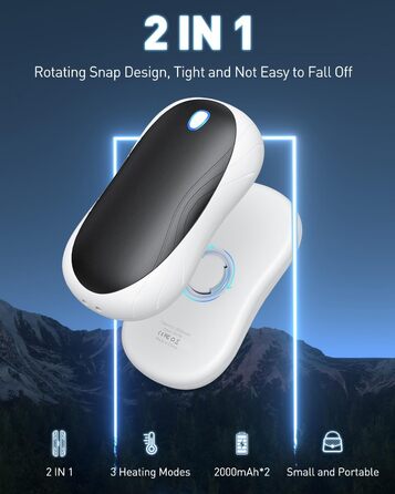 Електричні грілки для рук Cnkeeo 2 шт. з роздільним магнітним з'єднанням, Powerbank USB, 3 режими нагріву, для активного відпочинку, риболовлі, полювання, чорно-білі