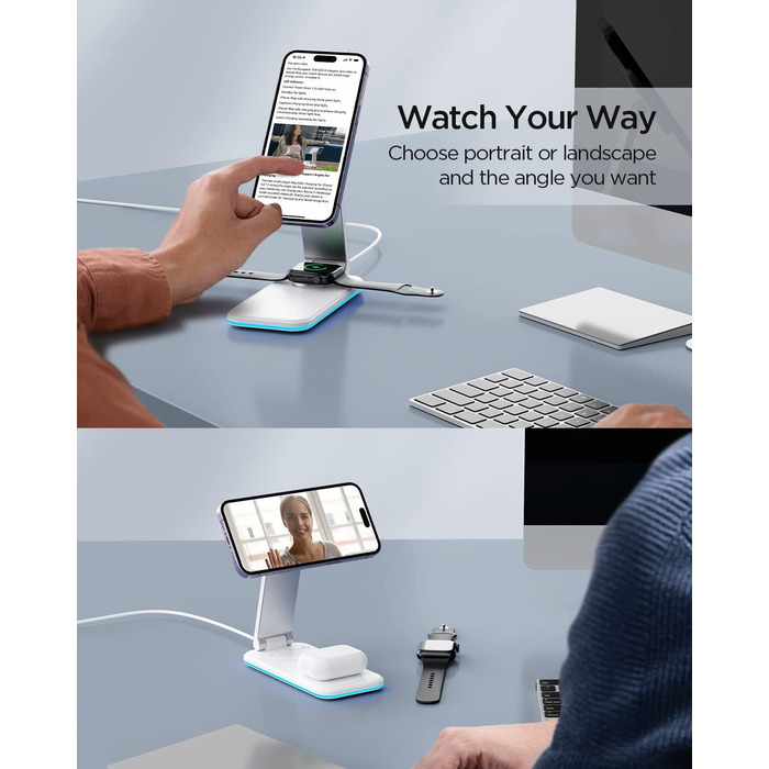 Зарядна станція MagSafe 3-в-1, складна, бездротова, біла (18W адаптер в комплекті). Сумісна з iPhone 14/13/12, AirPods Pro/2/3, iWatch 8/7/6/SE/5/4/3/2. Модель S16