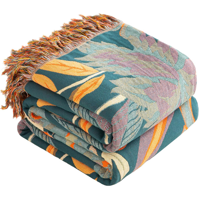 Богемна ковдра Softexly Boho Decke 100% бавовна – двостороння муслінова ковдра 150x200 см, м'яка софа та покривало для ліжка, естетичний дизайн, ідеально підходить для вітальні та спальні, помаранчевий/зелений, Blütentraum