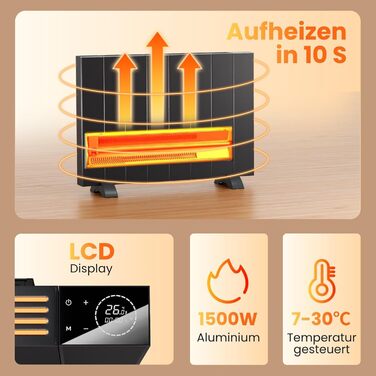 Електричний конвектор EMKE 1500W антрацит з LCD-дисплеєм, тижневим таймером, для підлоги чи стіни, з дистанційним керуванням, енергоощадний електрообігрівач