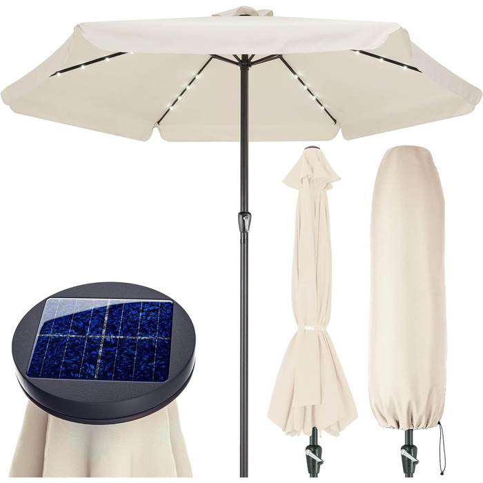 Kingsleeve® Parasol LED Lighting UV Protection 80+ Solar Protective Cover 330cm Large Crank Volant Balcony Terrace Garden Parasol Market Umbrella Cream