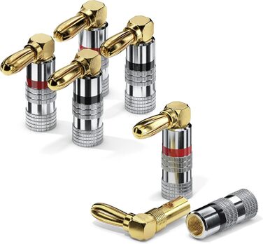Бананові конектори Sonero® для акустичних кабелів до 6 мм², 4 шт. з кольоровим кодуванням (12x червоний, 12x чорний), 24K позолота (набір 4 шт., кут 90°, Single)