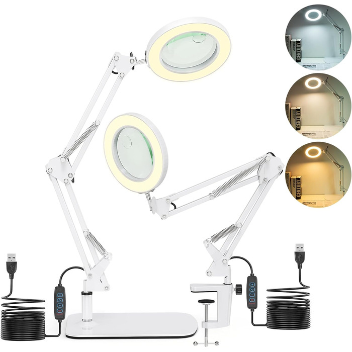 Лампа-лупа Jubor 2-в-1 зі світлом та підставкою, 15x/10x, LED, з кріпленням та основою, 3 режими, регульована яскравість, для хобі, ремонту, майстрів