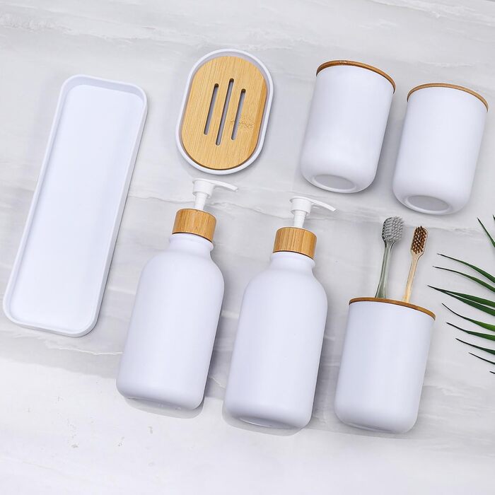 Набір аксесуарів для ванної кімнати, 7 предметів, бамбук, білий дозатор для мила та тримач для зубних щіток, контейнер для ватних паличок, сеанс макіяжу, мильниця, сучасна декор для ванної кімнати, білий/розкішний сад