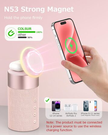 Bluetooth колонка COLSUR з магнітним бездротовим зарядним пристроєм та нічником, рожева (PINK) для iPhone 17/16/15/14/13/12, AirPods Pro/4/3/2