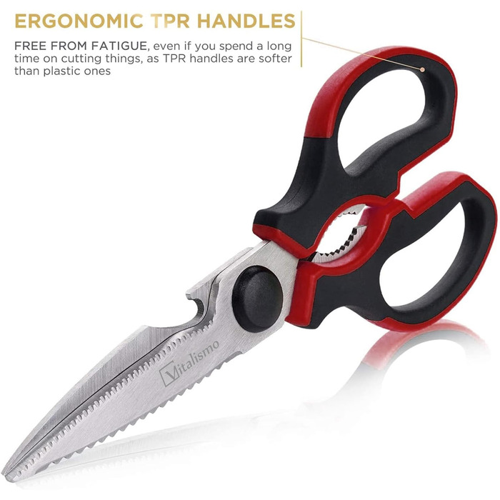 Універсальні кухонні ножиці 21 см з нержавіючої сталі, для риби, птиці, горіхів, з захистом леза, миючі в посудомийній машині, для лівшів, червоні