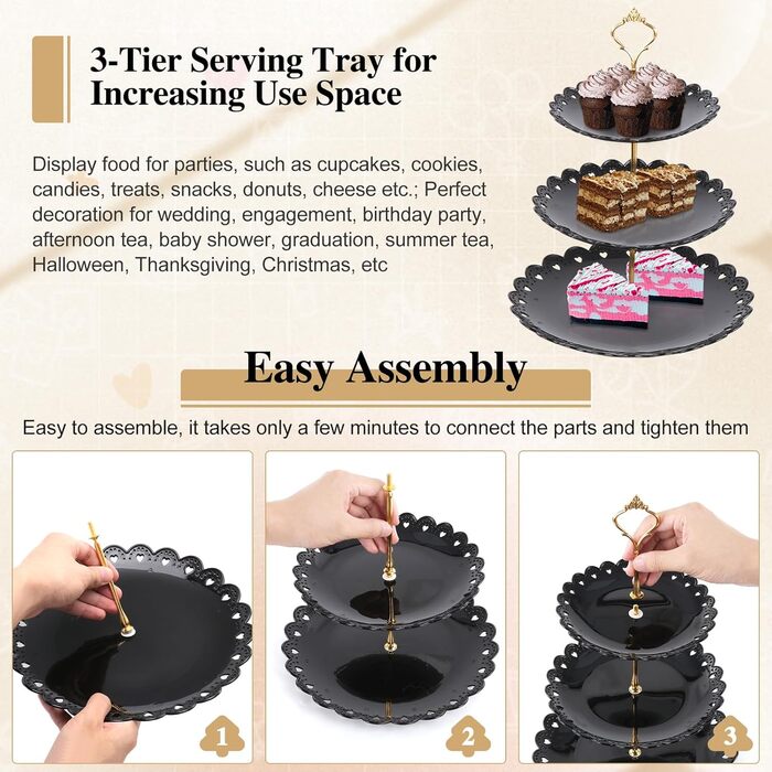 Трирівнева підставка для капкейків, десертів, фруктів, печива, цукерок. Підставка для сервірування на вечірку, весілля, день народження, дитячий свято (пластик, чорний та білий)