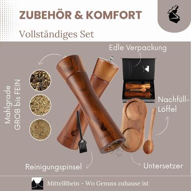 Дерев'яна мельниця для солі та перцю LORELEY® Mittelrhein Germany з керамічним жорном – з підставкою та пензлем – подарункова упаковка. Ідеальний подарунок на весілля або новосілля (Luxury Holz)