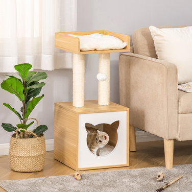 PawHut Cat Cave with Cat House & 2 Cushions, 2 Levels including Cat House, Toy with Ball, Cat Apartment, Sisal, Natural, 35 x 35 x 81 cm | Aosom