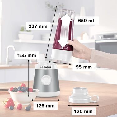 Міні-блендер Bosch VitaPower Serie 2 MMB2111T, 450 Вт, 0,6 л, тританова ToGo-пляшка, 4-лезове лезо, ударостійкий, для смузі, сріблястий/білий