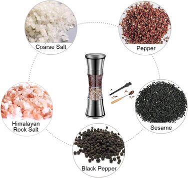 Мельниця для солі та перцю 2-в-1, ручна з регулюванням, з керамічним жорном, нержавіюча сталь