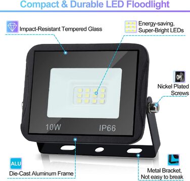 LED Floodlights Outdoor, Pack of 5, IP66 Waterproof Floodlights for Indoor and Outdoor Use, 8500LM Super Bright Outdoor Spotlights, 120 Degree Outdoor Lighting 6000K Cool White Floodlights (10 Pack, 10W)