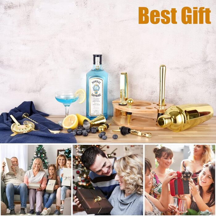 Набір шейкер для коктейлів Esmula 750 мл, 12 предметів, нержавіюча сталь, барменський аксесуар, подарунок для чоловіків та жінок, з книгою рецептів (Золотий)