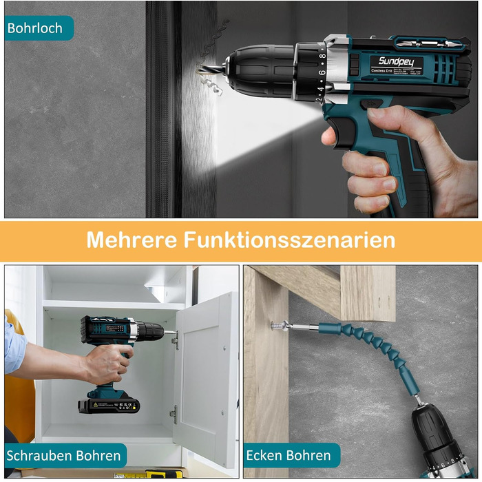 Акумуляторний шуруповерт Sundpey 21V з 2x2000mAh акумулятором, 45 Нм, 2 швидкості, 18+1 момент, патрон 10мм, набір 19шт для дому та DIY, блакитний