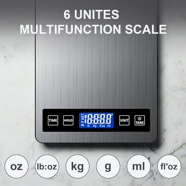 Кухонні ваги GRAM: цифрова вага для приготування їжі та випічки, 10 кг, з таймером та функцією утримання, точність 1 г, з нержавіючої сталі та загартованого скла