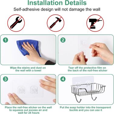 Тримач для мила без свердління Uten, нержавіюча сталь, самоклеючий, з 2 гачками, для мила та губки, для душу, ванної кімнати, кухні, сріблястий