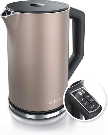 Arendo - Stainless Steel Kettle with Temperature Setting 40-100 Degrees in 5 Degree Increments - Double-Walled Design - Model ELEGANT - 1.5 Liter - 2200 W - Tea Kettle with Temperature Display - GS - Black (E: Bronzo)