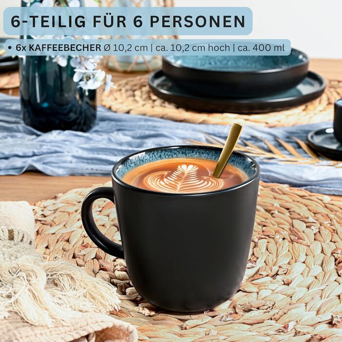 Набір кавових чашок Sänger Vigo (6 шт.) з порцеляни, 400 мл, блакитні з чорним обідком, стійкі до миття в посудомийній машині та мікрохвильовій печі | VALUE COLLECTION