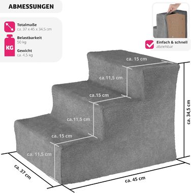Сходинка для тварин tectake®: для собак та котів, зручний доступ до софи, ліжка, авто. Миючий чохол, плоскі сходинки, сірий колір, 37 x 45 x 34,5 см