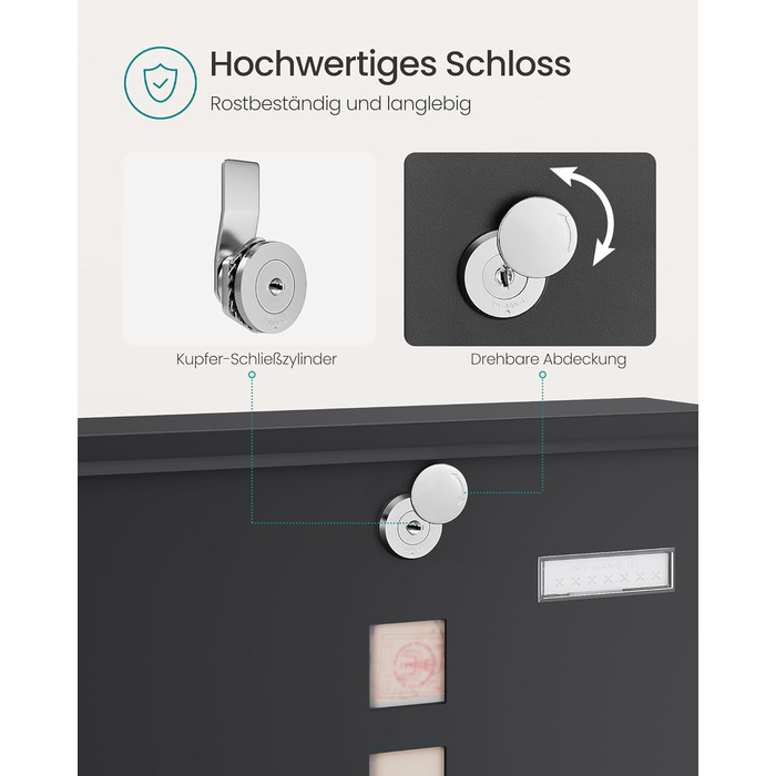 Поштова скринька SONGMICS з замком, оглядовим вікном та відділенням для газет, сіра, 10x30.8x33.8 см (GMB20AG)