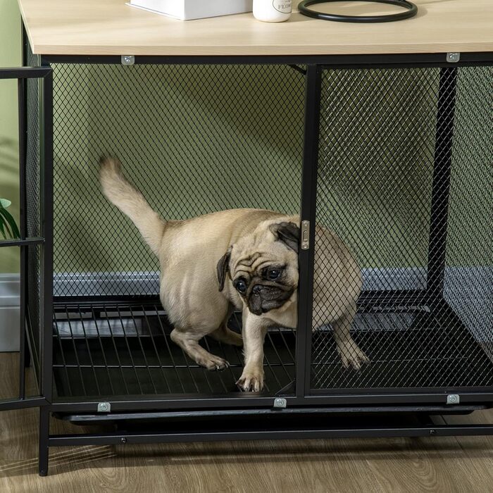 Клітка для собак PawHut, закривається на замок, з подушкою, для собак середніх порід до 20 кг, 88 x 55 x 71 см, колір: дуб+чорний