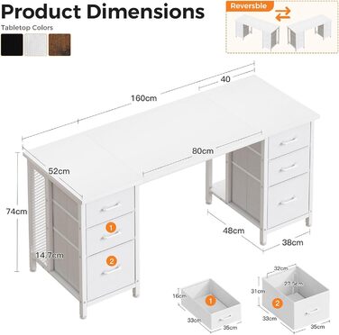Комп'ютерний стіл Coleshome з 6 шухлядами 160x52 см, білий для дому та офісу