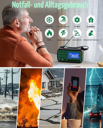 Радіоприймач Esky Kurbelradio з сонячною батареєю, 10000mAh, AM/FM, USB-зарядка, LED-ліхтарик, SOS-сигнал, компас, портативне для кемпінгу та надзвичайних ситуацій, зелений