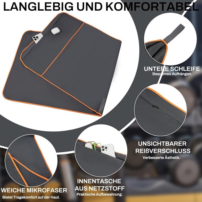 Рушник для фітнесу з кишенею, мікрофібра, 120x50 см, спортивний рушник для залу, подорожей, сірого кольору