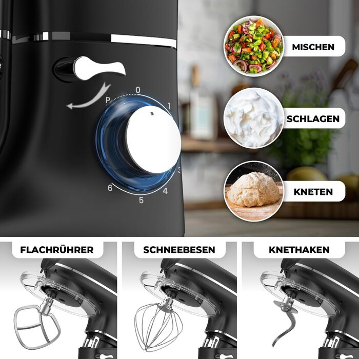 Кухонна машина з машиною для пасти – 2000W, електрична – з нержавіючою чашею 6.2L (чорна)