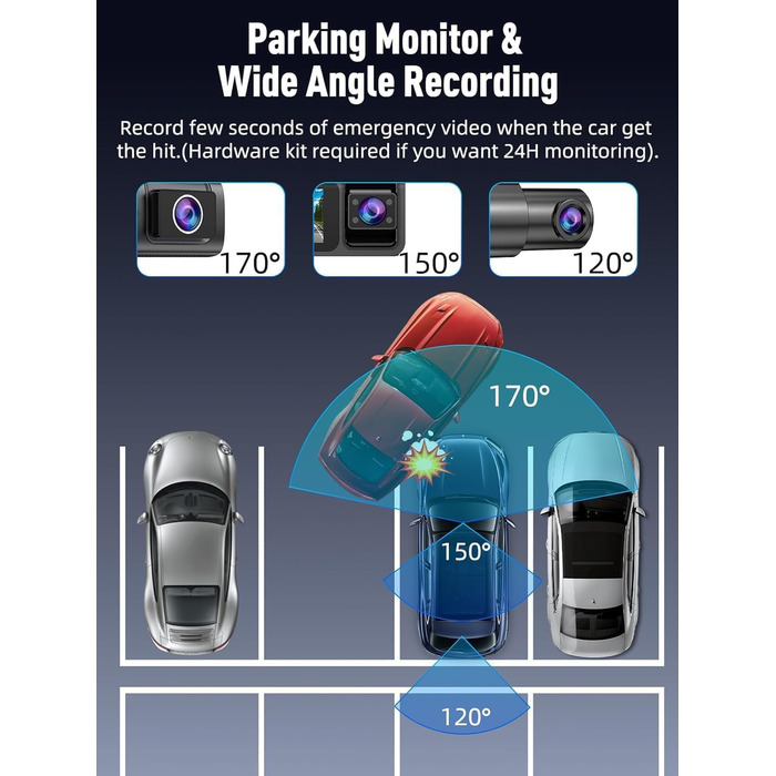 3-канальний автомобільний відеореєстратор 4K+1080P+1080P (передній, задній, салон), 5GHz WiFi, 3.16