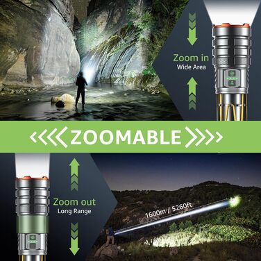 Потужний ліхтарик LED 1000000 люмен, ліхтарик з підзарядкою, кемпінгове світло, зум, 11 режимів, довга робота, водонепроникний тактичний ліхтарик для кемпінгу, відпочинку на природі, надзвичайних ситуацій (сірий)