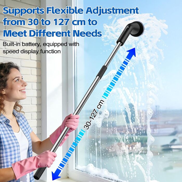 Електрична щітка для чищення ванни та душової кабіни, 7 насадок, бездротова, з висувним ручками, для ванної, кухні та авто (чорна)