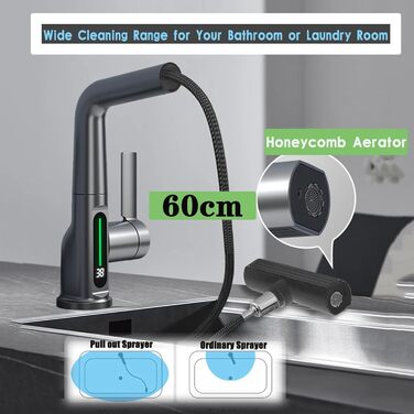 Кухонний змішувач з витяжною лійкою та душем, 3 режими, LED-індикатор температури, однорідний, поворотний на 360°, для кухні, високого тиску, регульована висота (сірий)