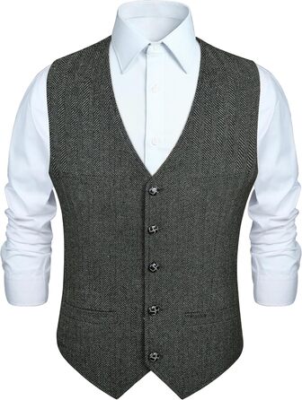 Жилет чоловічий HISDERN Vintage Casual Tweed з вовни в колірну смужку Herringbone для весілля, офісу та ділових зустрічей (L, темно-сірий)
