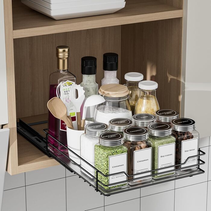 Висувна полиця для спецій у шафу, 2 яруси, регульована висота, чорний колір, органайзер для спецій, органайзер для кухні (22.2 x 26.4 x 5.6 см)